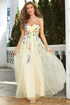 A Line Champagne Spaghetti Straps Prom Dress With 3D Flowers