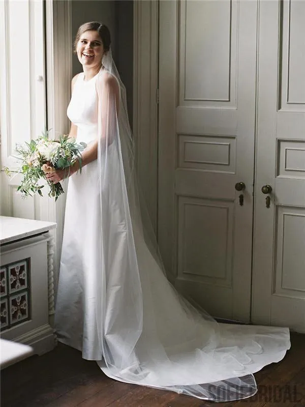 A-line Round Neck Sleeveless Simple Long Wedding Dresses With Train, WD0486