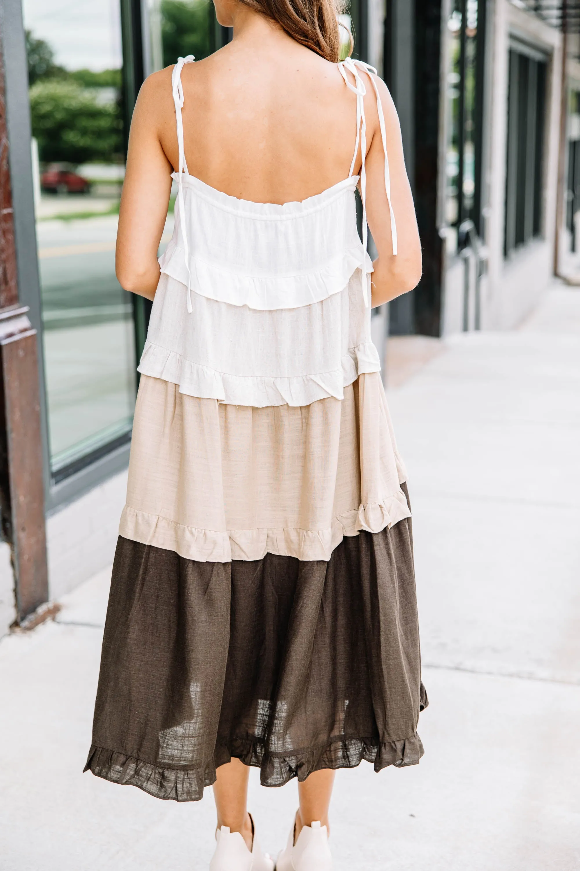 All For Fun Brown Ruffled Midi Dress