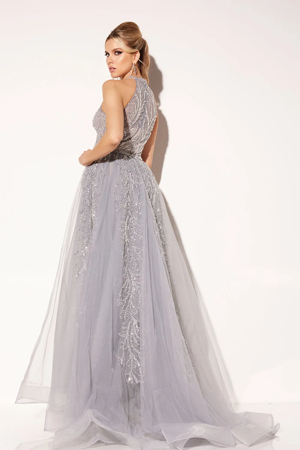 Beaded Halter Overskirt Gown by Lucci Lu C8034