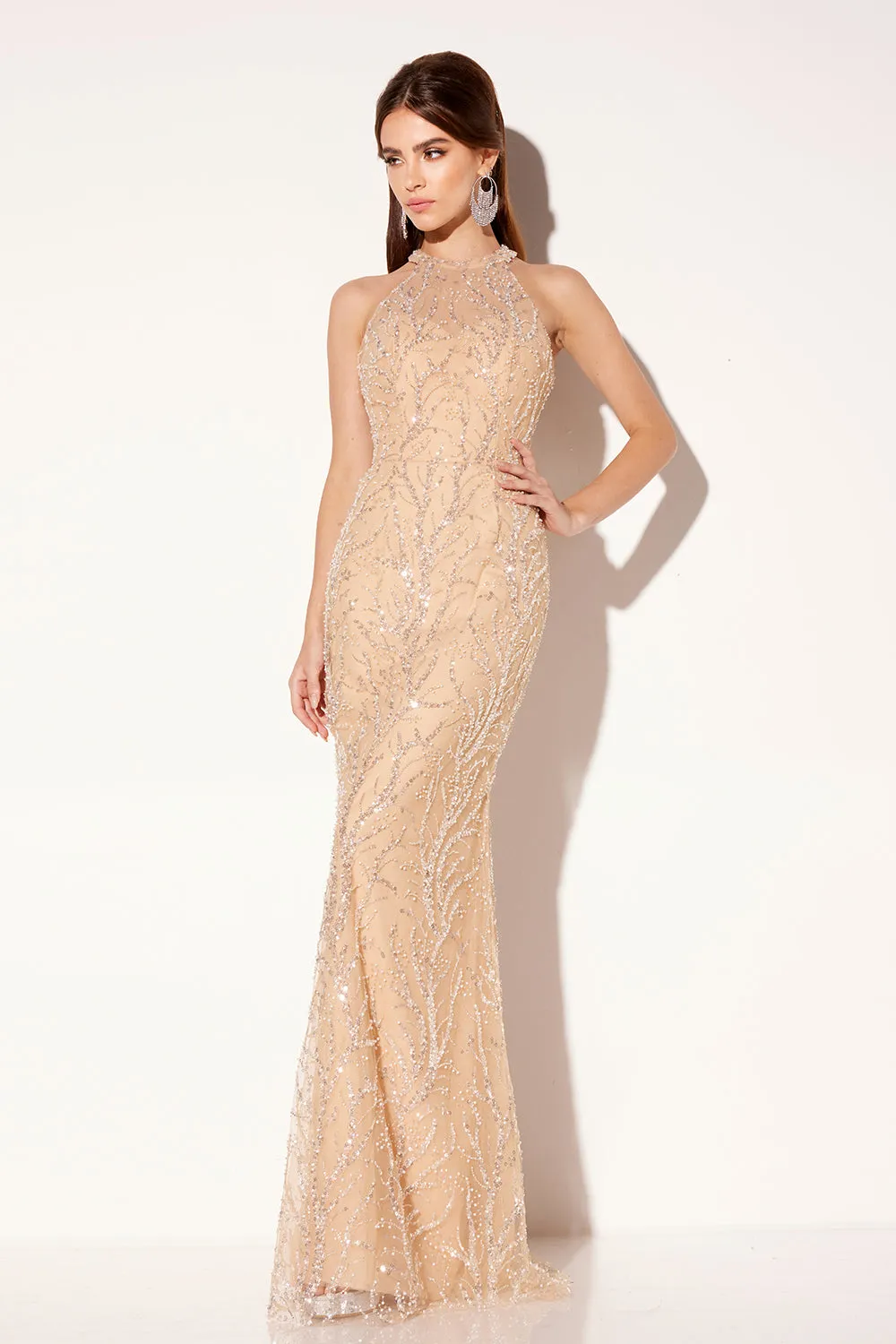 Beaded Halter Overskirt Gown by Lucci Lu C8034