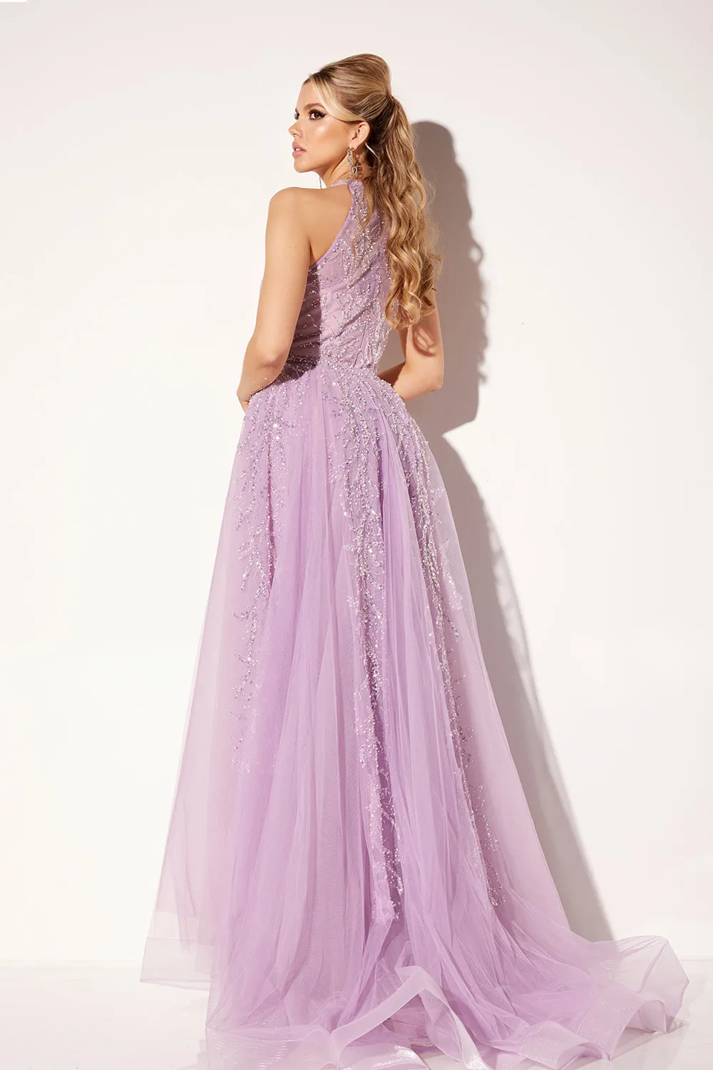 Beaded Halter Overskirt Gown by Lucci Lu C8034