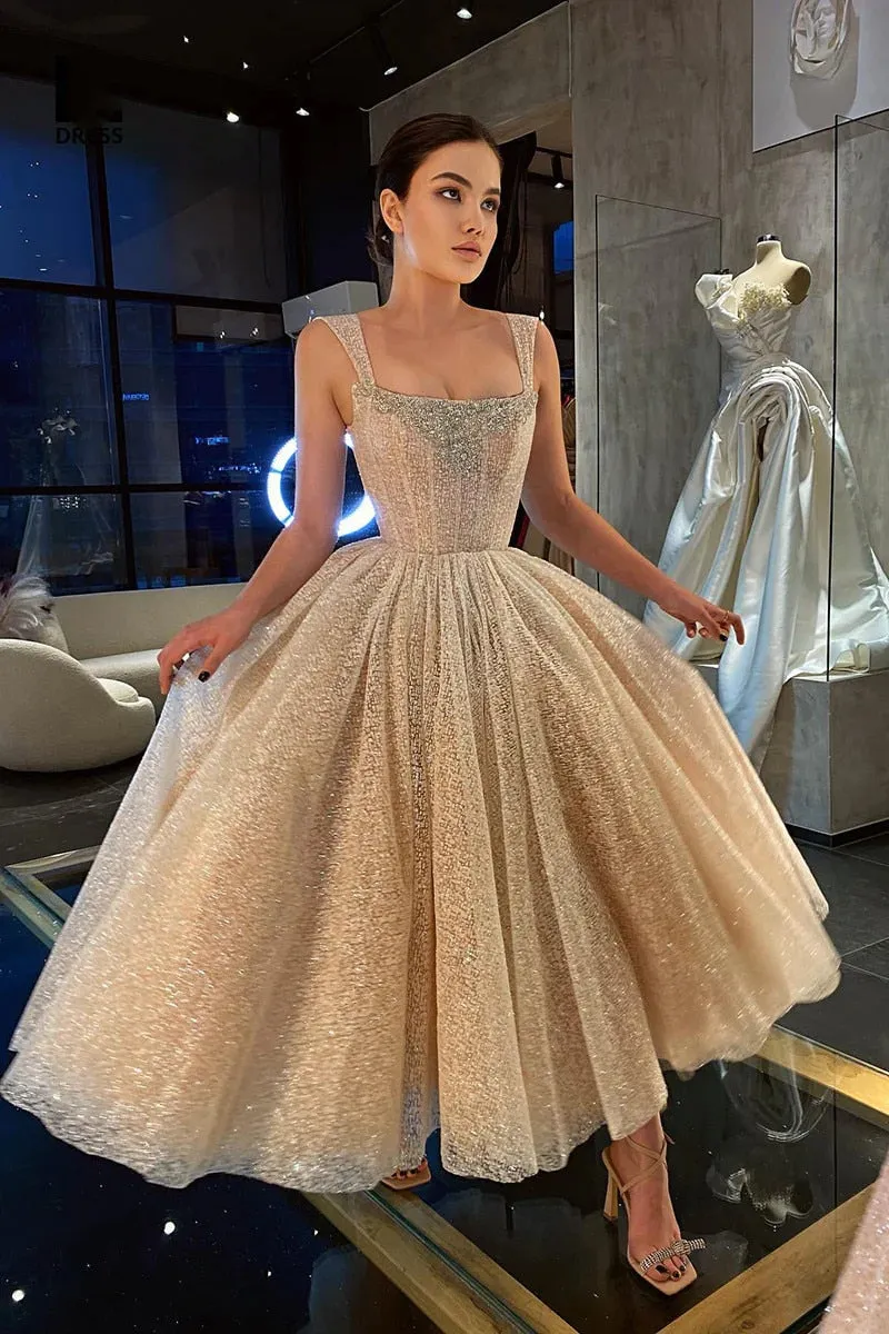 Getadme Elegant Champagne Sleeveless Scoop Beaded Sparkly Prom Formal Gown Tea-Length Sequined Ball Gown