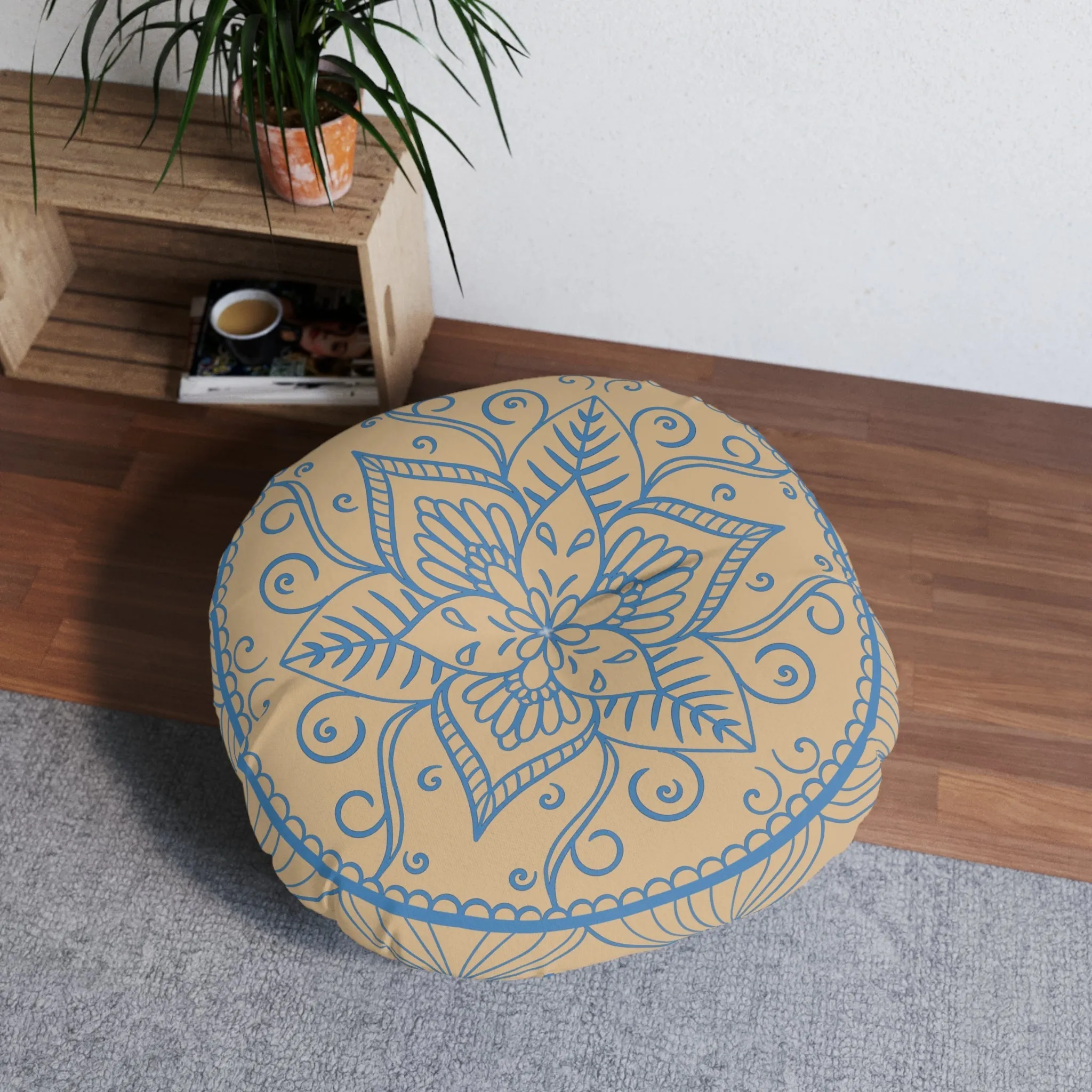 Handmade Mandala Art Floor Cushion - Steel Blue on Tan - Round Pillow