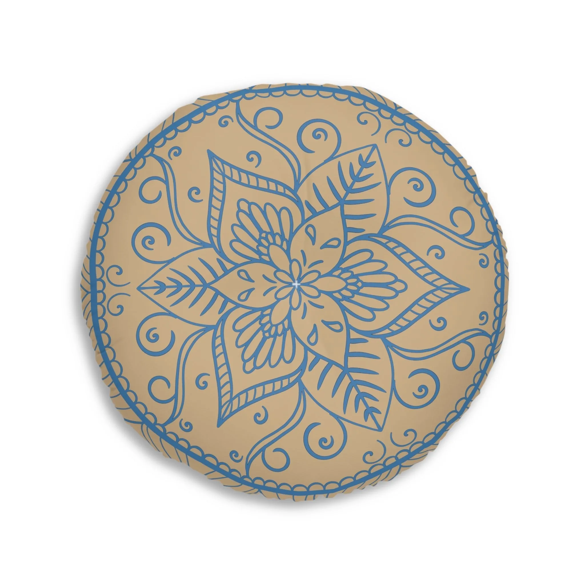 Handmade Mandala Art Floor Cushion - Steel Blue on Tan - Round Pillow