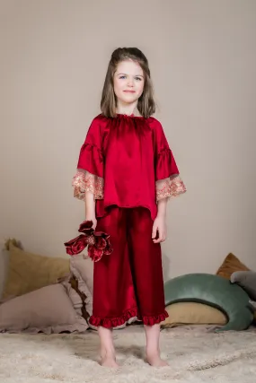 LEANA - GIRLS SILK PYJAMA SET BERRY RED