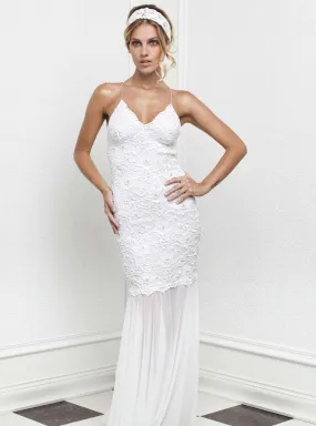 Magda White Stretch Lace Handpainted Gowns - Long Dress