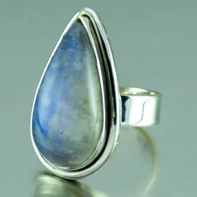 Rainbow Moonstone Tear Drop Silver Ring