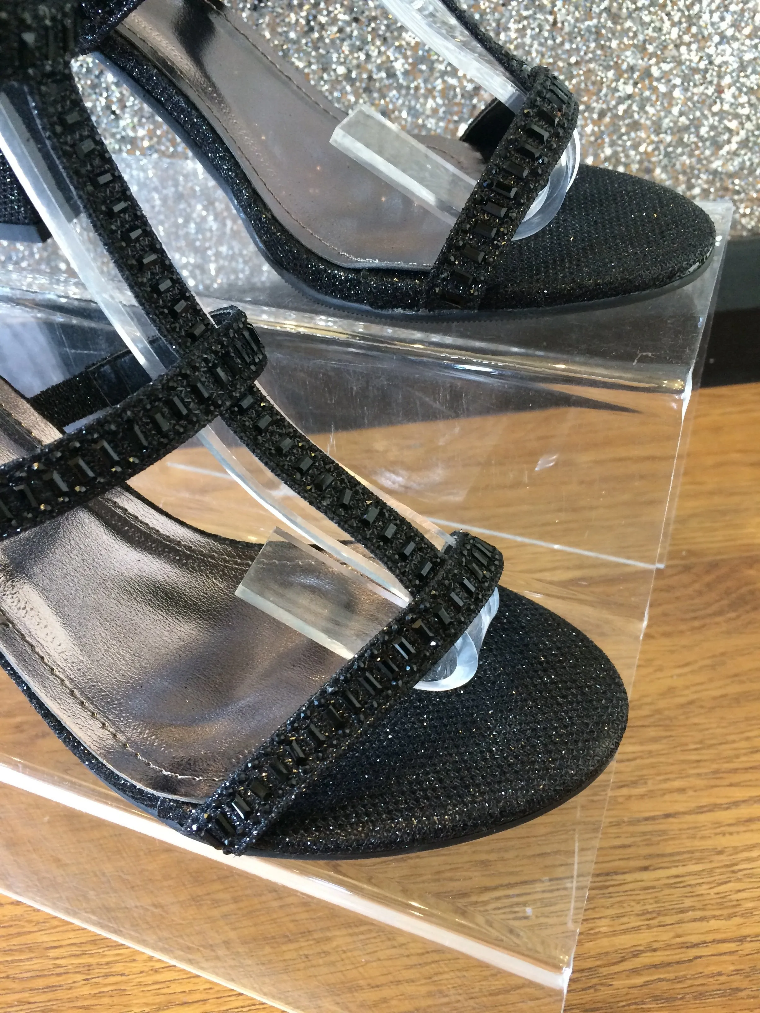 Sparkly Rhinestone Triple Strap Block Heels- Black